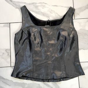 CARMEN MARC VALVO metallic dark gray sleeveless silk cropped top